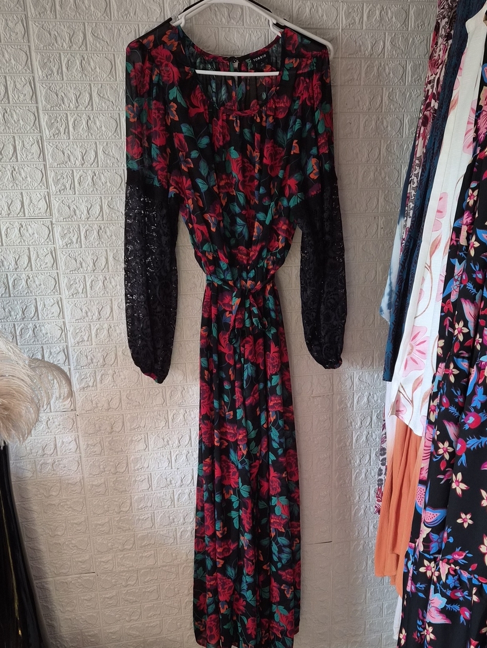 torrid Black Maxi sheer Dress with Red Roses and Teal Leaves lace sleeves